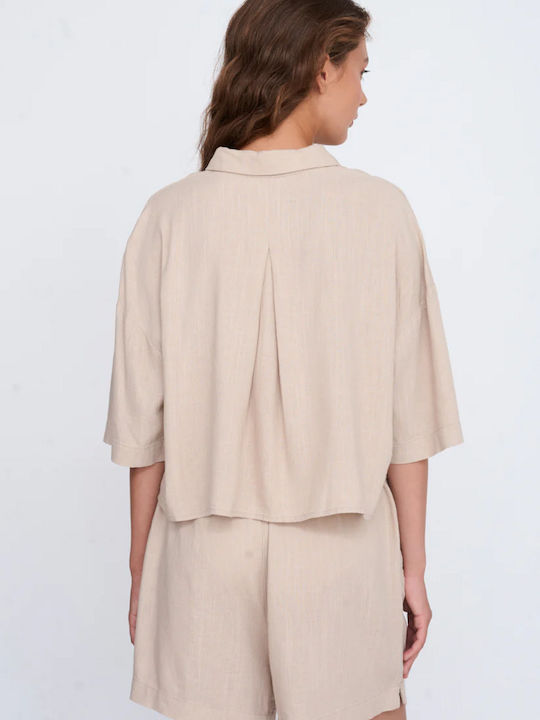 Μακρυμάνικο Γυναικείο Λινό Πουκάμισο Beige