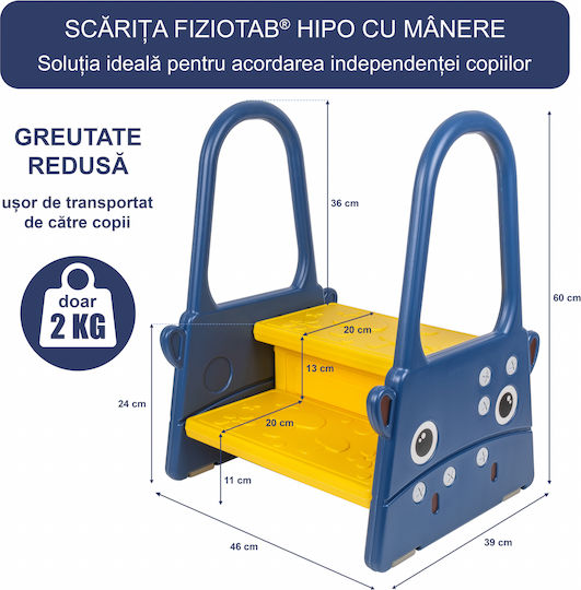 Fiziotab Scăunel Treaptă Pentru Copii Cu Mânere Două Trepte Suprafață Antiderapantă Baie Bucătărie Albastru Închis Galben Hipoalergenic