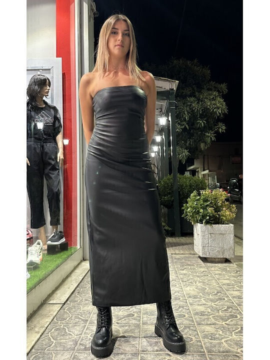 Rochie Midi De Seară Fără Bretele Din Piele Neagră
