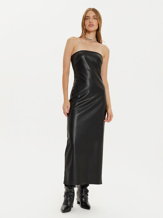 Rochie Midi De Seară Fără Bretele Din Piele Neagră