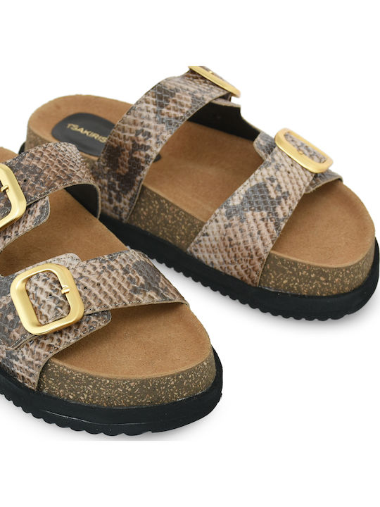 Leather Women's Flat Sandals Flatforms in Beige Color