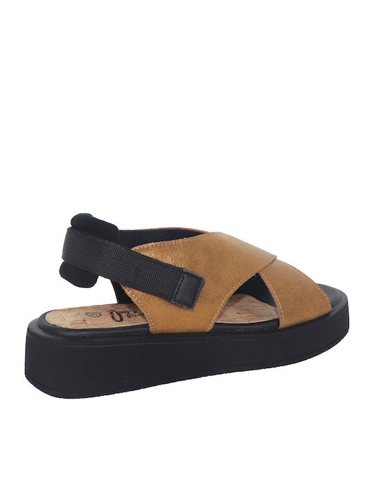 Δερμάτινα Γυναικεία Σανδάλια Flatforms Καφέ