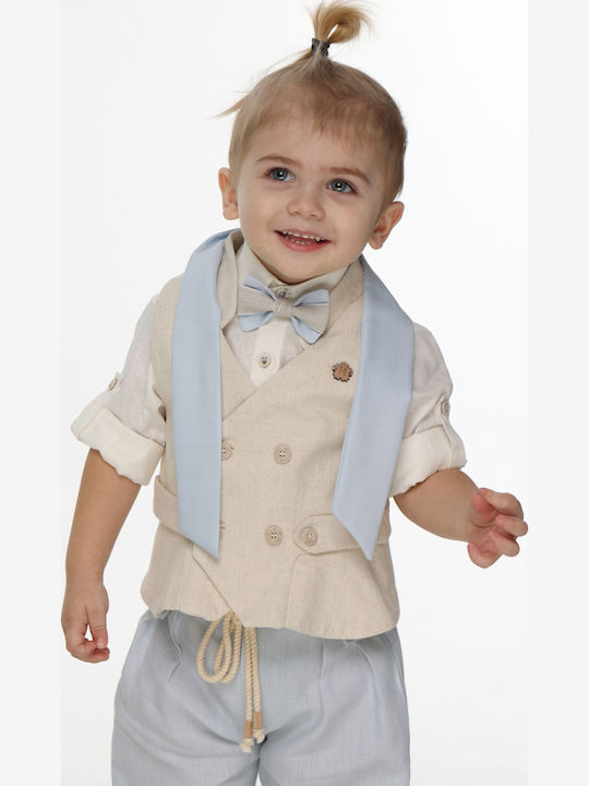 Mi Chiamo Boys Linen Baptism Suit with Vest Ecru