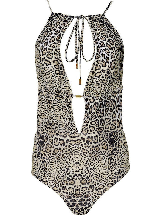 Swimsuit with Animal Print Openings Brown