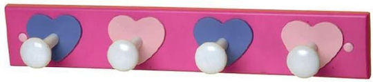 Import Hellas Wooden Kids Wall Mounted Hanger with Hooks Hearts Fuchsia 40.5x7cm