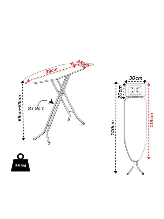 Vesta Basic Ironing Board for Steam Iron Foldable Silver 119x34x83cm