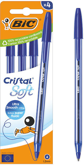 Bic Cristal Soft Pen Ballpoint with Blue Ink 4pcs