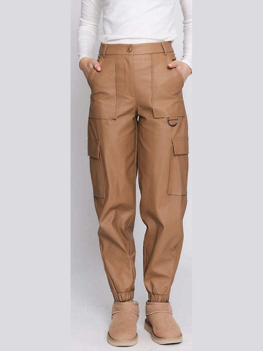 Women's High-waisted Fabric Cargo Trousers Beige