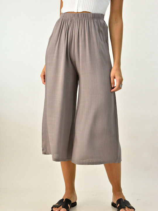 Women's High-waisted Fabric Trousers with Elastic in Straight Line Gray