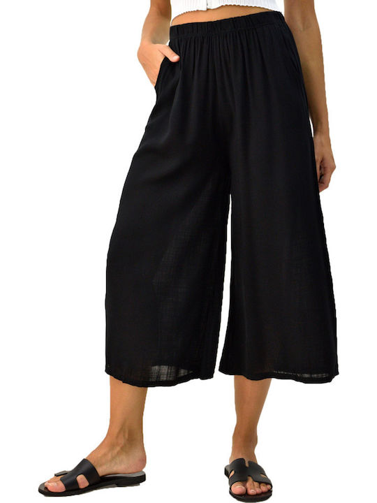 Women's High-waisted Fabric Trousers with Elastic in Straight Line Black