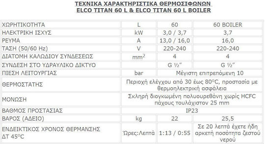 Elco Titan Ηλεκτρομπόιλερ 60lt Glass Δαπέδου 3.7kW