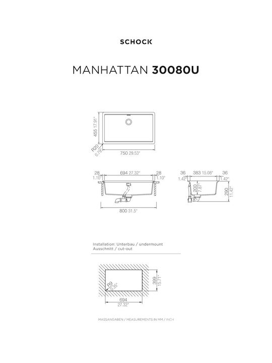 Schock Manhattan 30080 U Drop-In Sink Synthetic Granite W75xD45.6cm Everest Cristalite