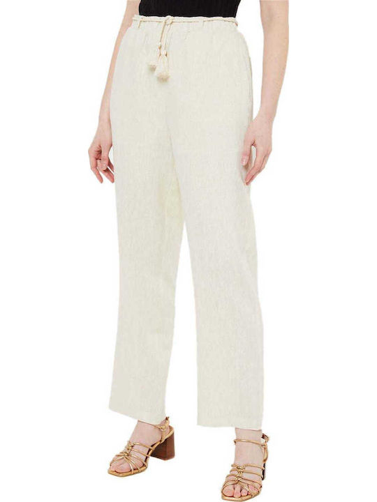 Damen Stoff Hose mit Gummizug in Lockere Passform Beige