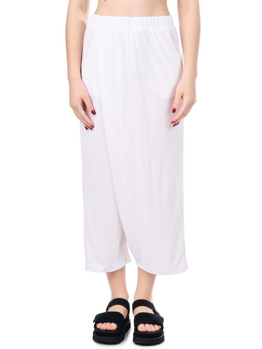 Pants Women's High-waisted Fabric Trousers with Elastic Relaxed Fit White