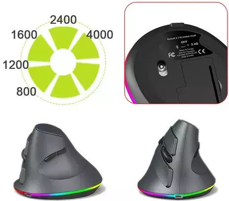 D8 Cu fir & Wireless Ergonomic Bluetooth Vertical Mouse Negru