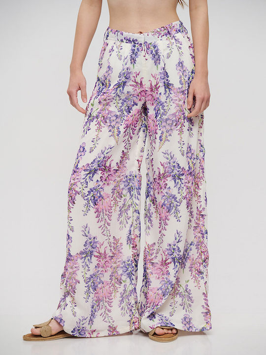 Damen Stoff Hose Blumen Pink