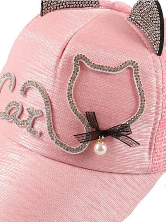 Cat Pink Jockey Hat with Black Striped Embroidered Cat Pearl 52cm for 6-12 Years Adjustable Size Tatu Moyo