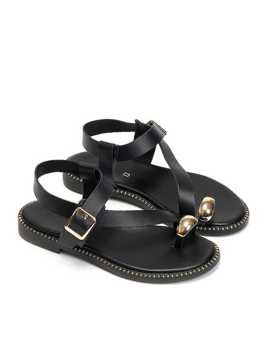 Leather Women's Flat Sandals in Black Color