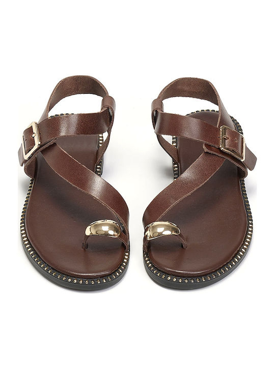 Leather Women's Flat Sandals in Brown Color