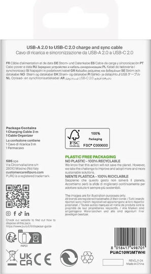 Puro Regular USB 2.0 Cablu USB-C bărbătesc - USB-A 10W Alb 3m