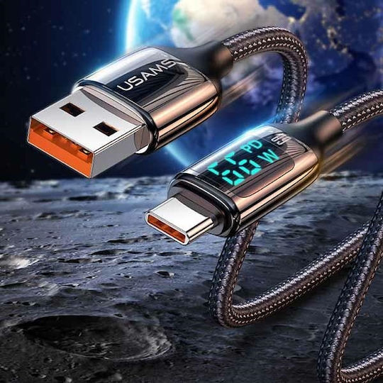 Usams US-SJ544 Braided LED USB 2.0 Cable USB-C Male - USB-A 66W PD Black 1.2m