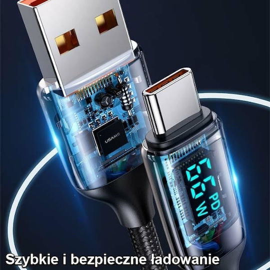 Usams US-SJ544 Braided LED USB 2.0 Cable USB-C Male - USB-A 66W PD Black 1.2m