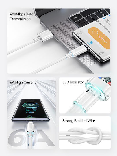 Usams US-SJ658 Braided LED USB 2.0 Cable USB-C Male - USB-A 66W PD White 1.2m SJ658USB02