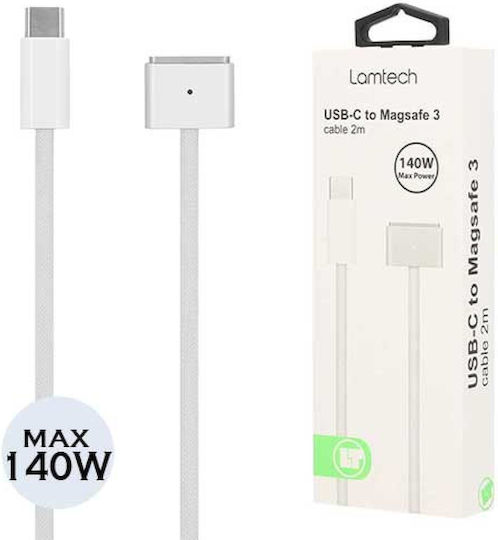 Lamtech Magnetic / LED USB 2.0 Cable USB-C male - 30-Pin 140W PD Λευκό 2m LAM114079