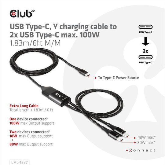 Club3D Braided USB 2.0 Cable USB-C Male - USB-C 100W PD Black 1.83m