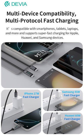 Devia Braided USB 2.0 Cable USB-C male - USB-C 60W PD Μαύρο 1.2m