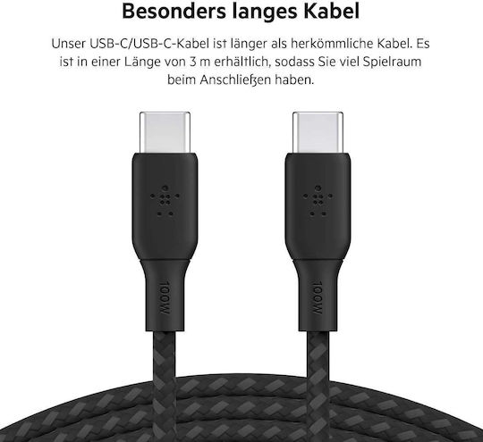 Belkin Braided USB 2.0 Cable USB-C Male - USB-C 100W PD Black 3m CAB014BT3MBK