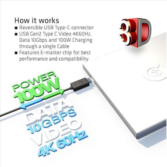 Club3D CAC-1522 USB 3.1 Video Cable USB-C male - USB-C 100W PD Μαύρο 0.8m CAC-1522