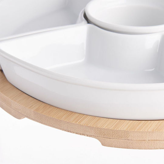 Tiered Appetizer Stand White Porcelain with Bamboo Diameter 26 Cm Height 4.5 Cm