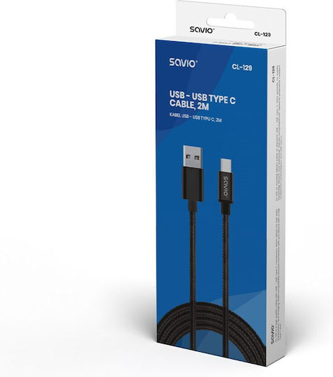 Savio Braided USB 2.0 Cable USB-C Male - USB-A Black 2m CL-129