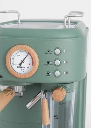 Create Thera Retro Μηχανή Espresso 1100W Πίεσης 20bar για Cappuccino Πράσινη