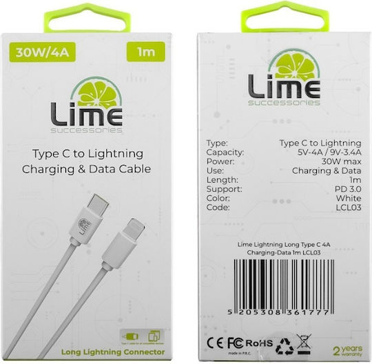 Lime Редовна USB-C към Lightning кабел 30W Зелен 1м (LCL03)