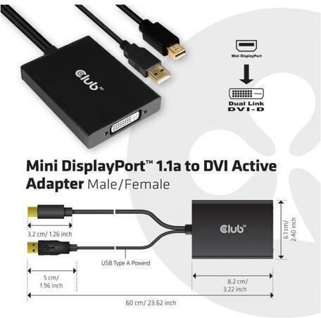 Club3D Конвертор USB-A / mini DisplayPort мъжки към DVI-D женски Черен 1бр CAC-1130