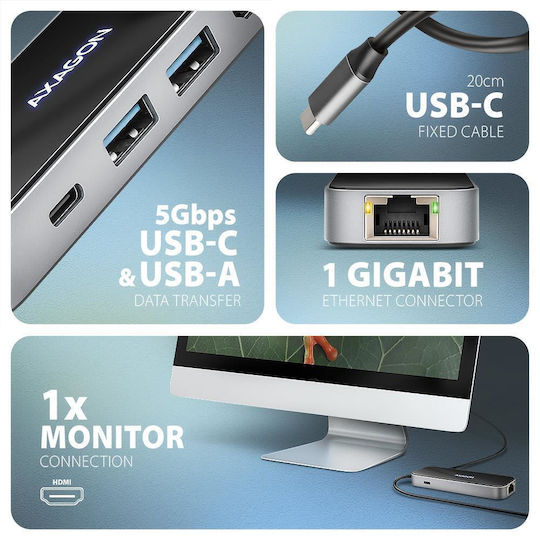 Axagon USB-C Dockingstation für Laptops mit HDMI 4K PowerDelivery Ethernet Schwarz