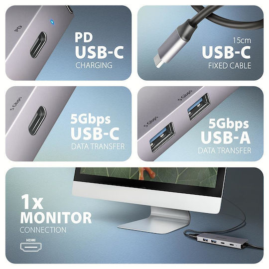 Axagon HMC-5H60 USB-C Docking Station mit HDMI 4K PD Gray