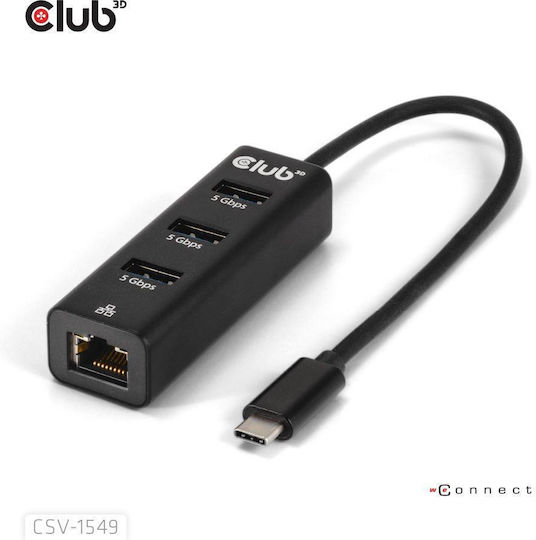 Club3D 3-Port USB 2.0 Hub with USB-C Connection Ethernet