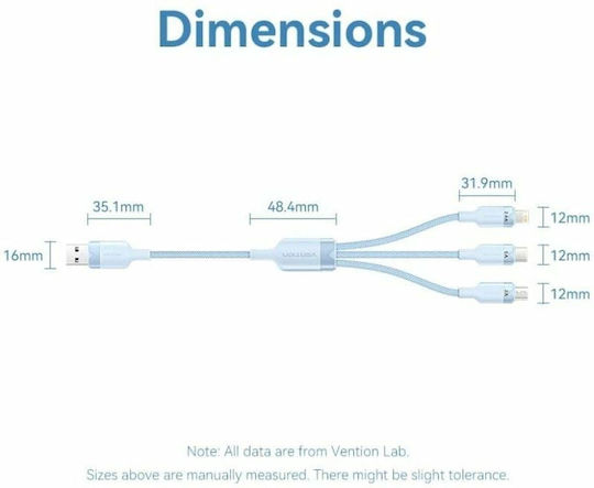 Vention Braided USB to Lightning / Type-C / micro USB Cable 2A Μπλε 1.5m CTRLG