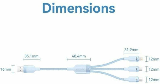 Vention Geflochtenes USB-zu-Lightning / Typ-C / Micro-USB Kabel 2A Rosa 1,5m CTPPG