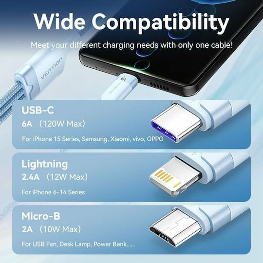 Vention Braided USB to Lightning / Type-C / micro USB Cable 2A Μπλε 1.5m CTRLG