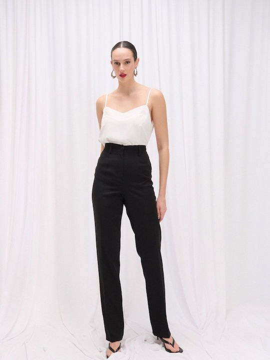 Women's High-waisted Fabric Trousers with Elastic Straight Line Black
