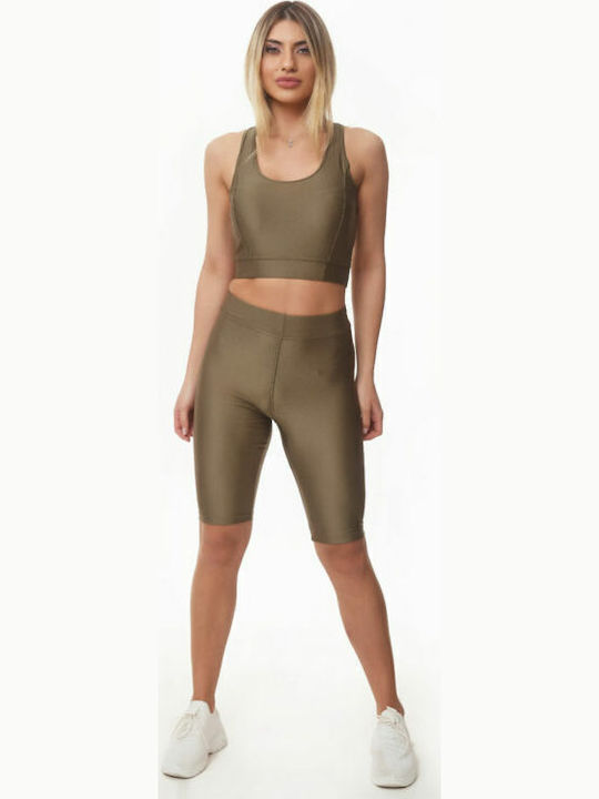 Women's Bike Training Legging Shiny & High Waisted Khaki