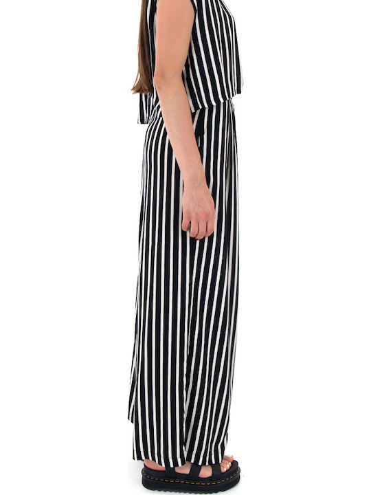 Damen Hoch tailliert Stoff Hose in Weiter Linie Gestreift Ecru-black