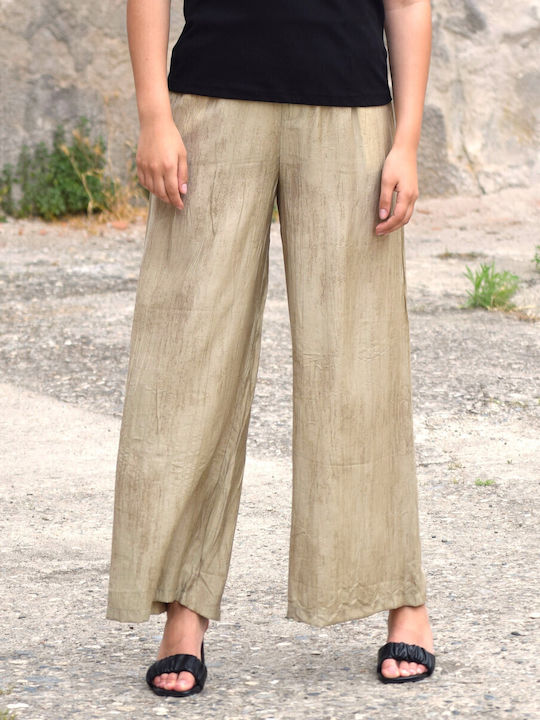 Women's High-waisted Fabric Trousers with Elastic in Loose Fit Beige
