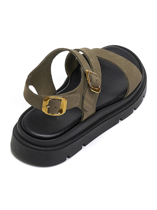 Leather Women's Flat Sandals Flatforms in Khaki Color