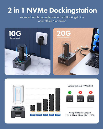 Graugear Docking Station for 2 Hard Drives PCIe M.2 (2230)" / M.2 (2242)" / M.2 (2260)" / M.2 (2280)" with Connection USB-C (G-M2DK-CL-20G)