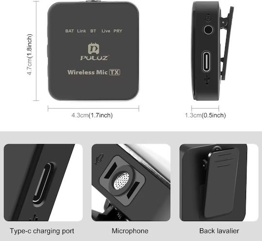 Puluz PU647B Seturi Wireless Electret Microfon Πέτου, Clip On pentru Cameră